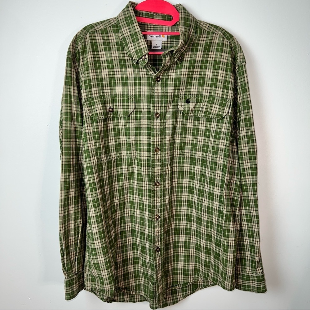 Carhartt Green Plaid Long Sleeve Button-Down Shirt Men’s Large 100% Cotton - Picture 2 of 12